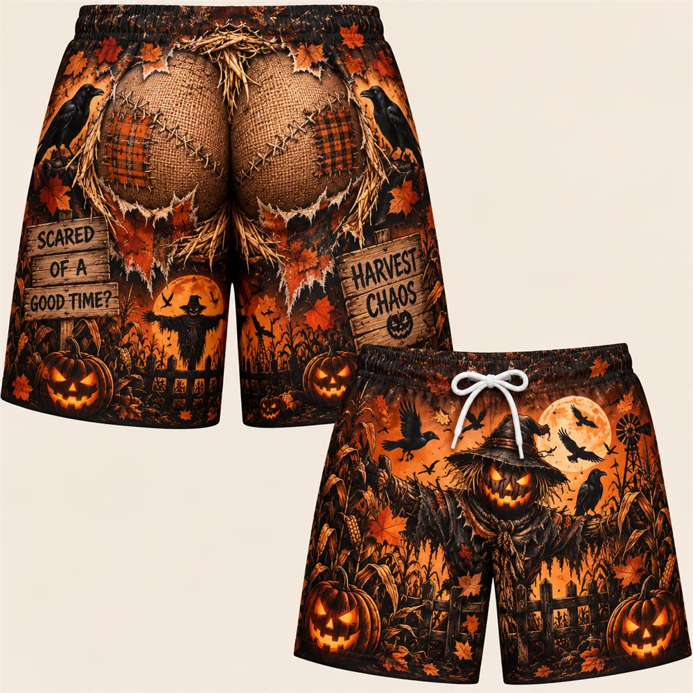 2026 Funny Halloween Fake Buttocks Board Shorts For Men 3D Jack O Lantern Print Loose Shorts Beach Elastic Waist Holiday Wear