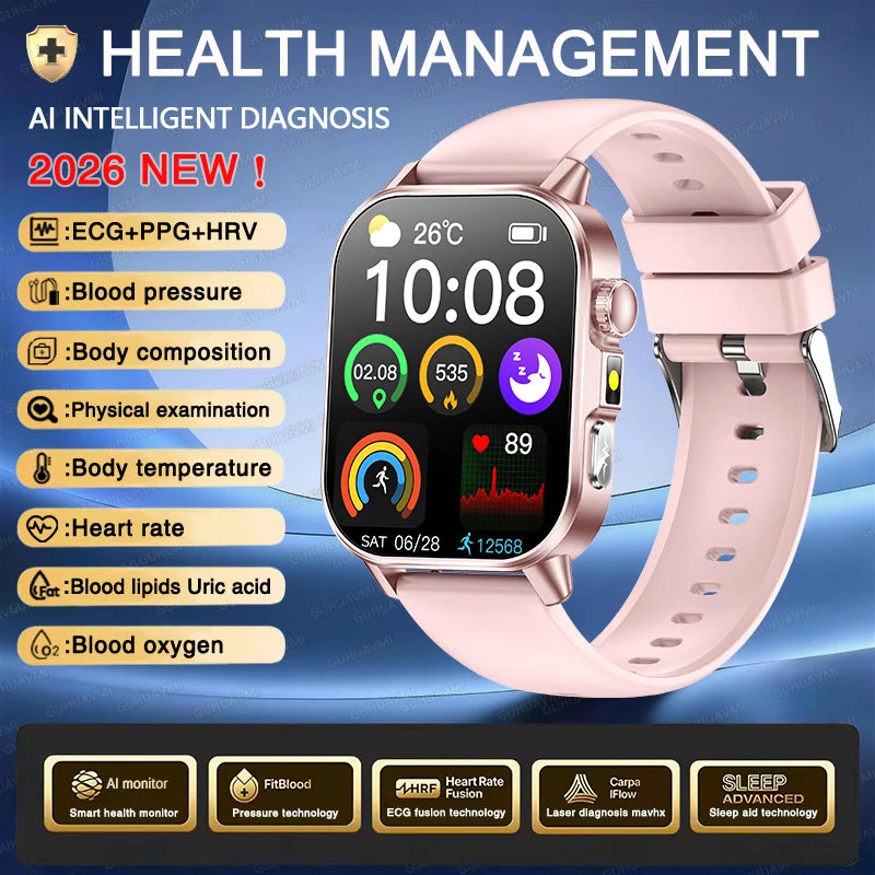 Nursing Grade AI Health Analysis Diagnose Smart Watch ECG+PPG Clock Blood Pressure Blood Lipid Uric Acid HD Call Watch Men Women