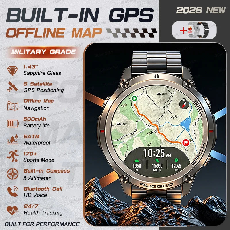 T-Rex 4 Military All-Terrain Accurate Offline Map SmartWatch Built-in GPS Compass Altimeter 5ATM Waterproof Swim Sport Watch Men