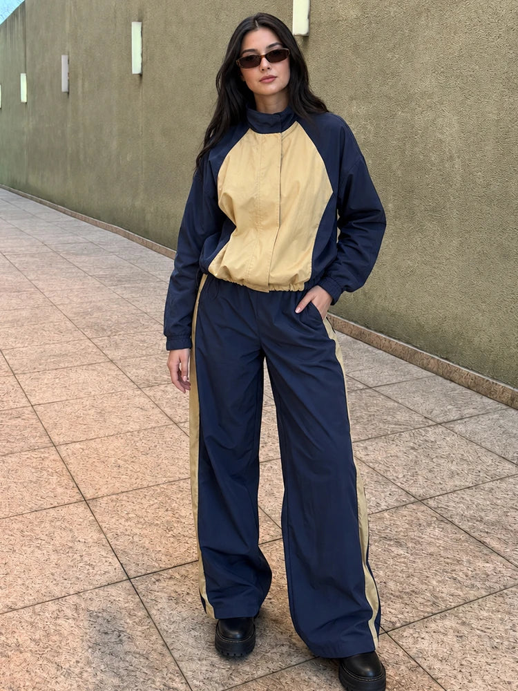HH Casual Women's Patchwork Nylon Tracksuit Spring Autumn High Neck Drawstring Waist Loose Jacket+Side-striped Trousers