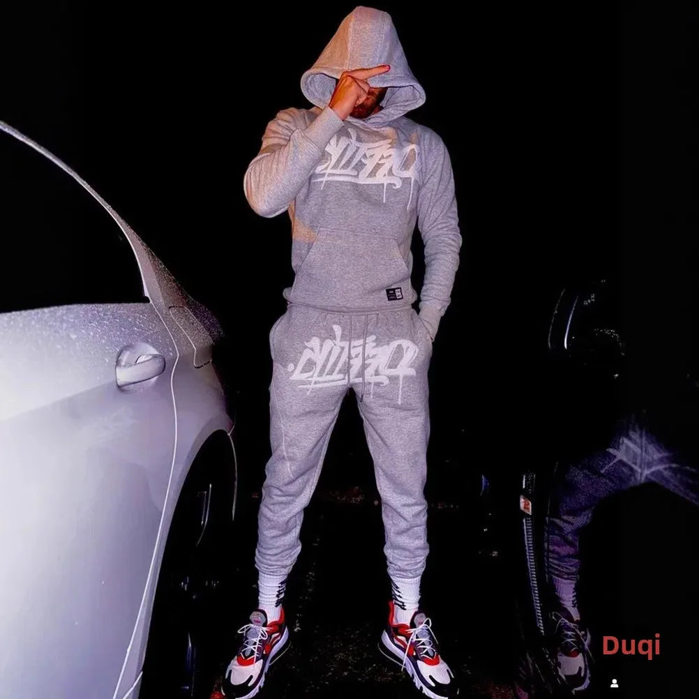 Large supply of men's sportswear, new fashion hip hop suit two-piece set hoodie printed sweatshirt comfortable casual male style