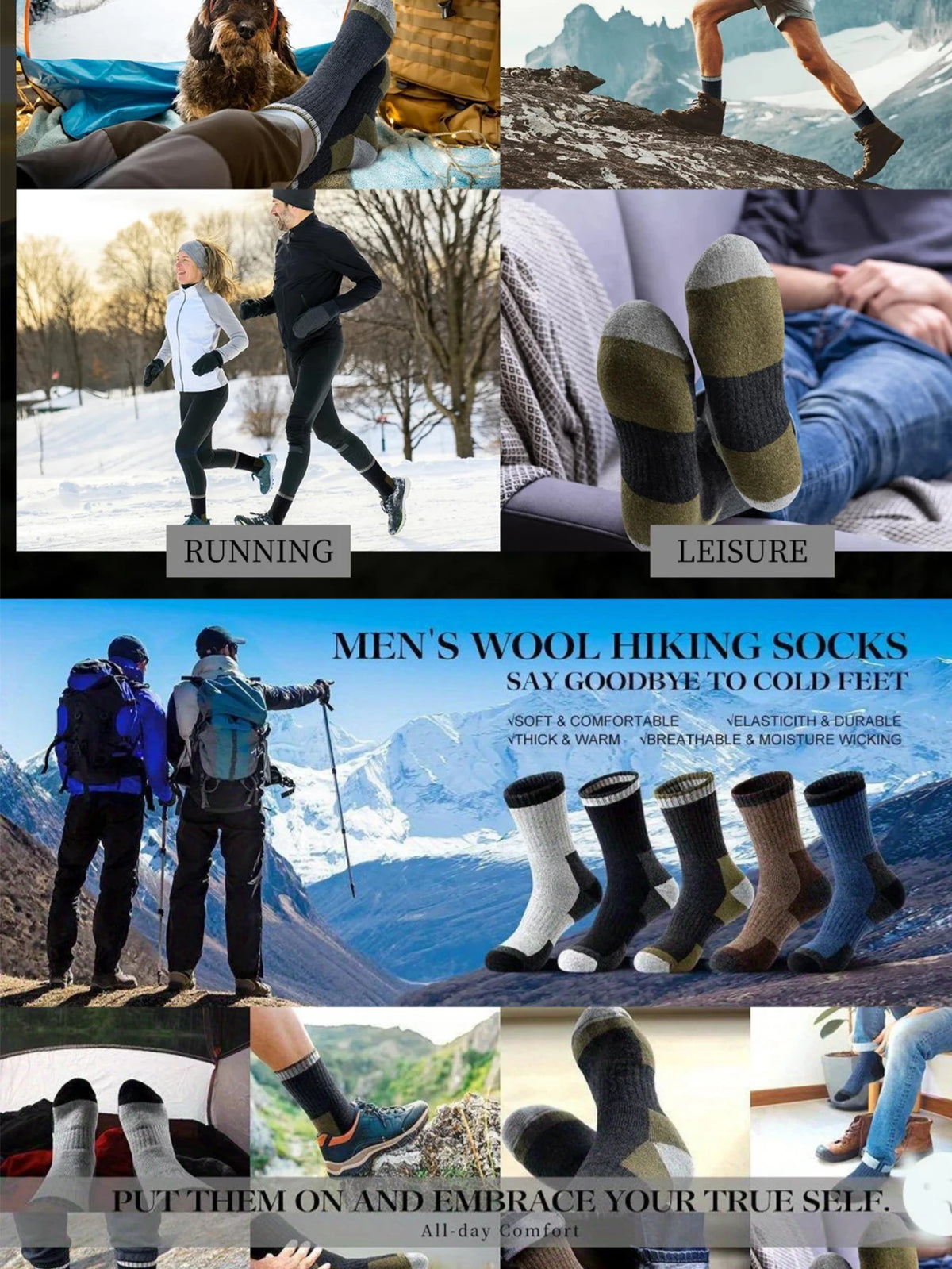 5 Pairs Men's Thickened Towel Socks for Hiking Sports Winter Warm Thermal Mid-calf Fleece Lined Retro Style