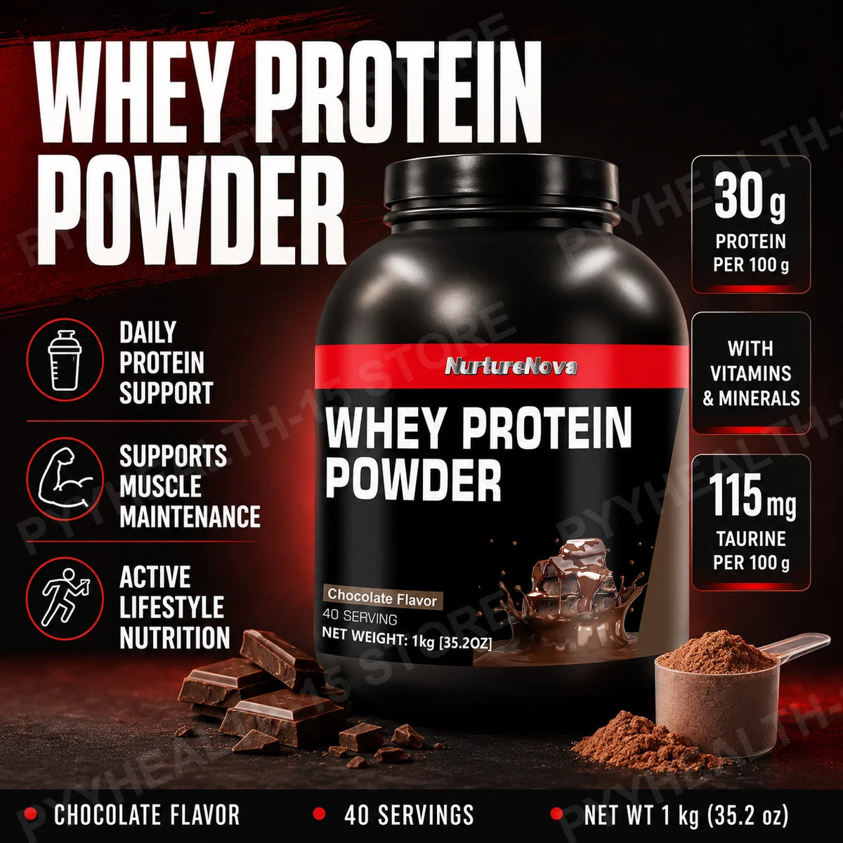 NurtureNova Chocolate Whey Protein Powder with Vitamins Minerals Taurine for Muscle Maintenance Recovery Support 1kg 40 Servings