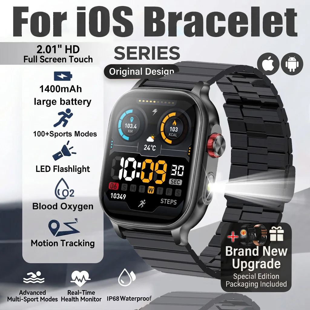 New1400mAh Large Battery Smart Watch 5ATM Waterproof LED Flashlight 100+ Sports Modes Heart Rate Fitness Tracker Men Smart Watch