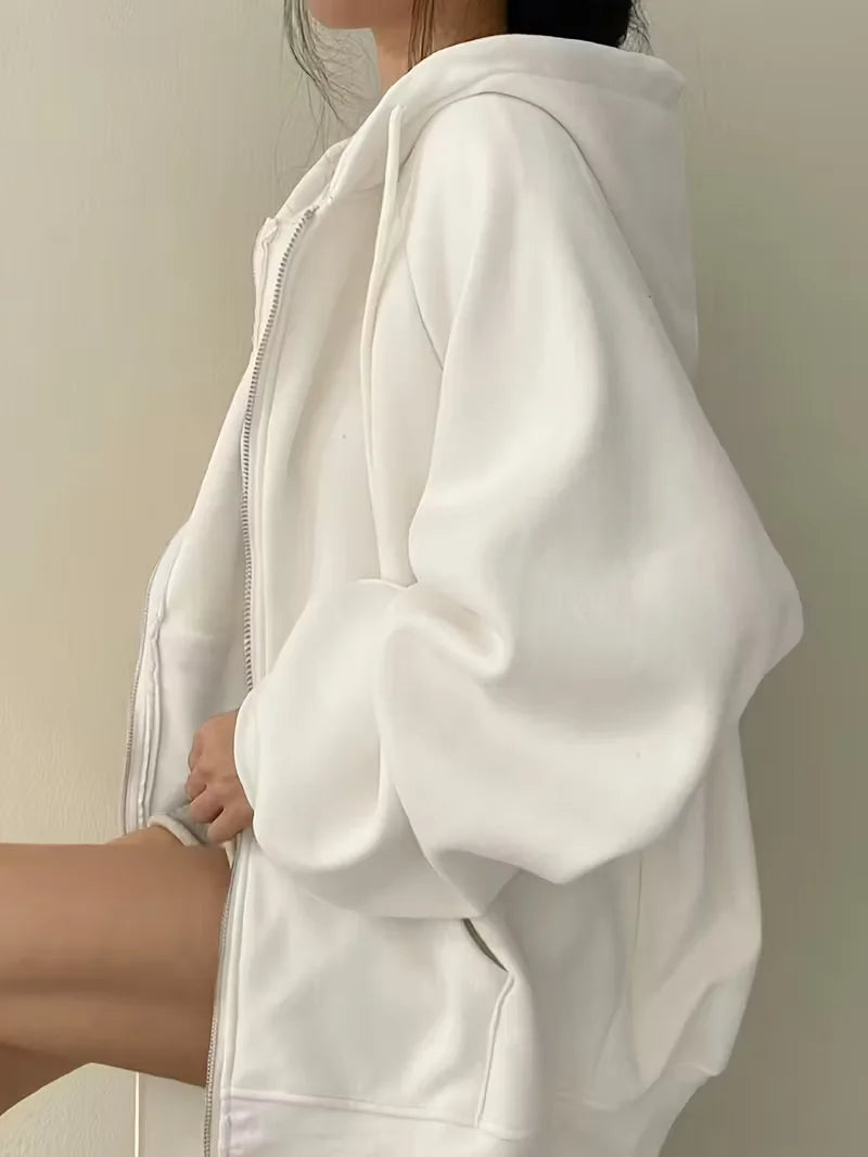 Women's Casual Oversized Hoodies Sweatshirt Zipper Pockets Solid Color Pullover Loose Fit Autumn Winter Fall Streetwear Jacket