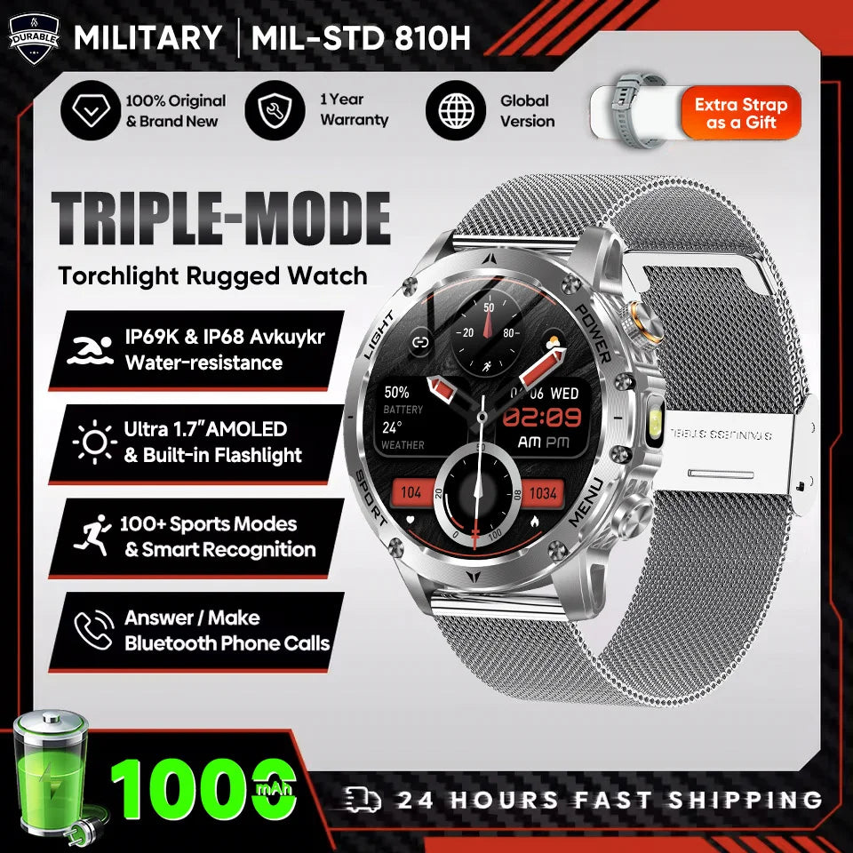 New Outdoor Original Men Sports Smart Watch 1000mAh Big Battery GPS 10ATM Waterproof Bluetooth Call Flashlight Adult Smartwatch