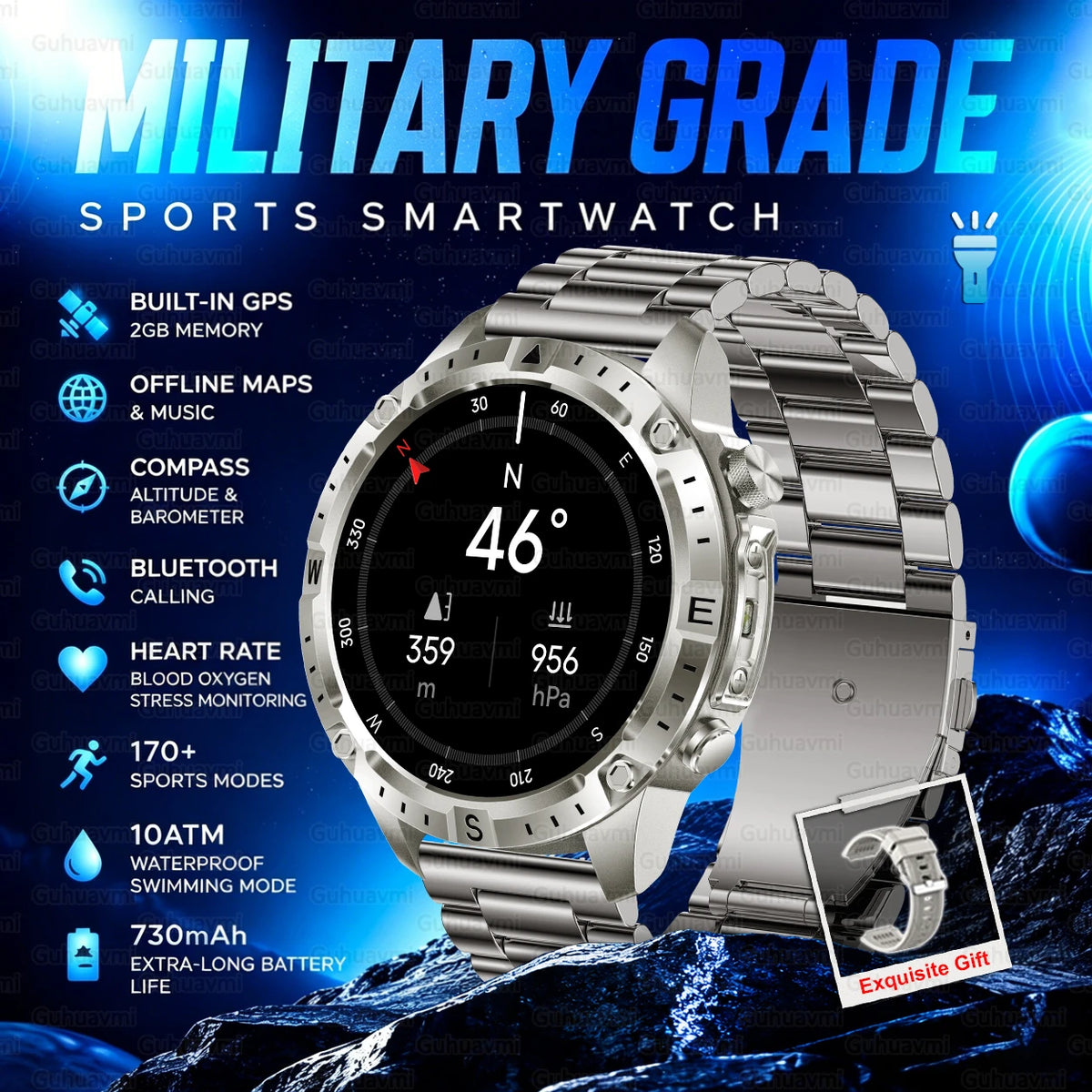 2026 New Rugged Military Smartwatch 2GB Memory GPS Offline Maps Compass 24H Heart Rate 10ATM Waterproof Bluetooth Sports Watches