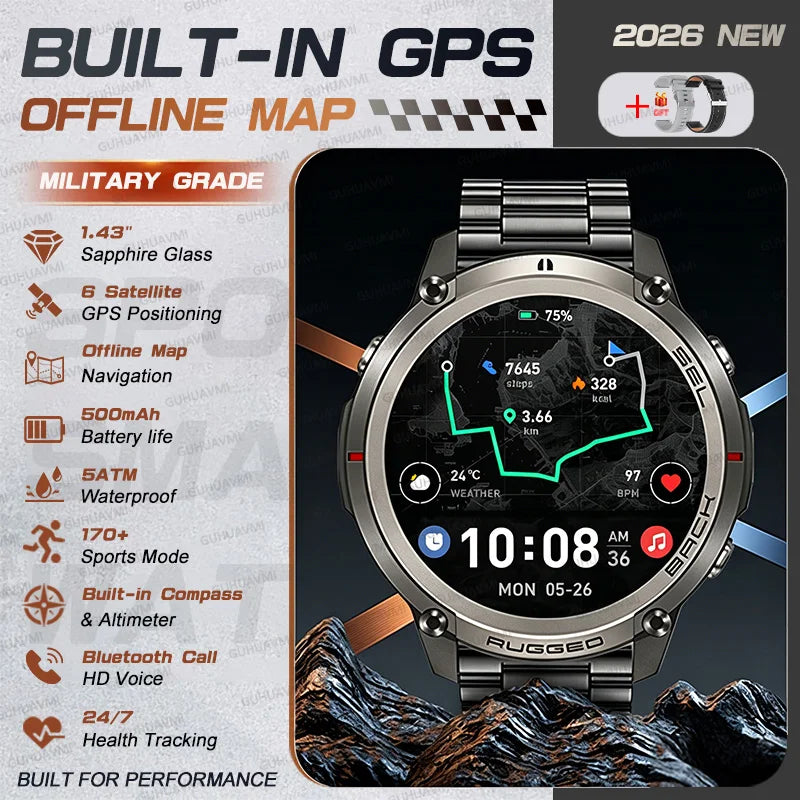T-Rex 4 Military All-Terrain Accurate Offline Map SmartWatch Built-in GPS Compass Altimeter 5ATM Waterproof Swim Sport Watch Men