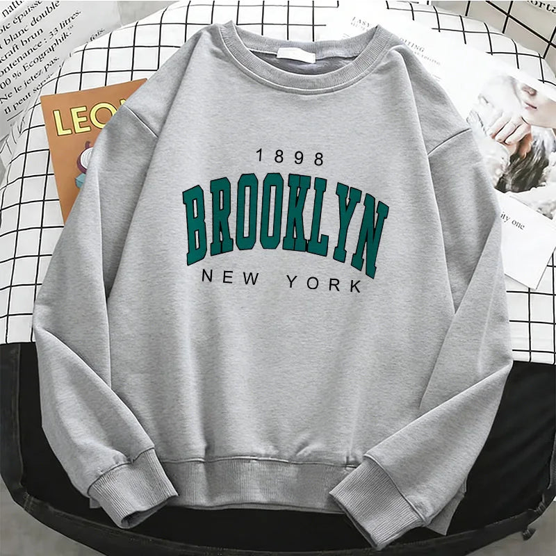 Womens Hoodies Fashion Y2k 1898 BROOKLYN NEW YORK Fleece Sweatshirt Soft Casual O-Neck Pullover Casual Female Clothes