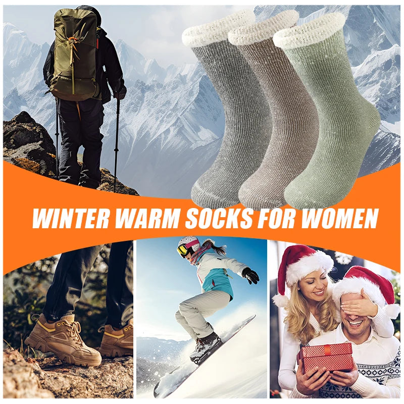 3Pairs Super Thick Merino Wool Socks Women Winter Thermal Soft Cozy Mid Tube Socks Fleece Lined Outdoor Sport Sock for Cold Snow