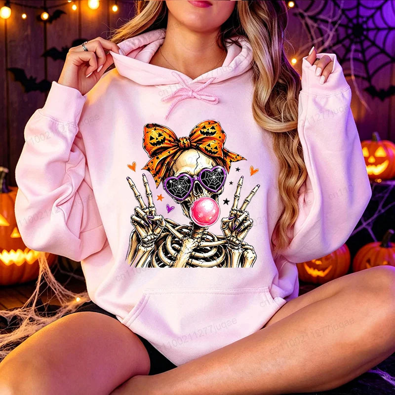 Funny Cute-Skeleton-Halloween Hoodie Skeleton Men Women Vintage Horror Graphic Pullover Sweatshirt Spooky Season Hoodies Gifts