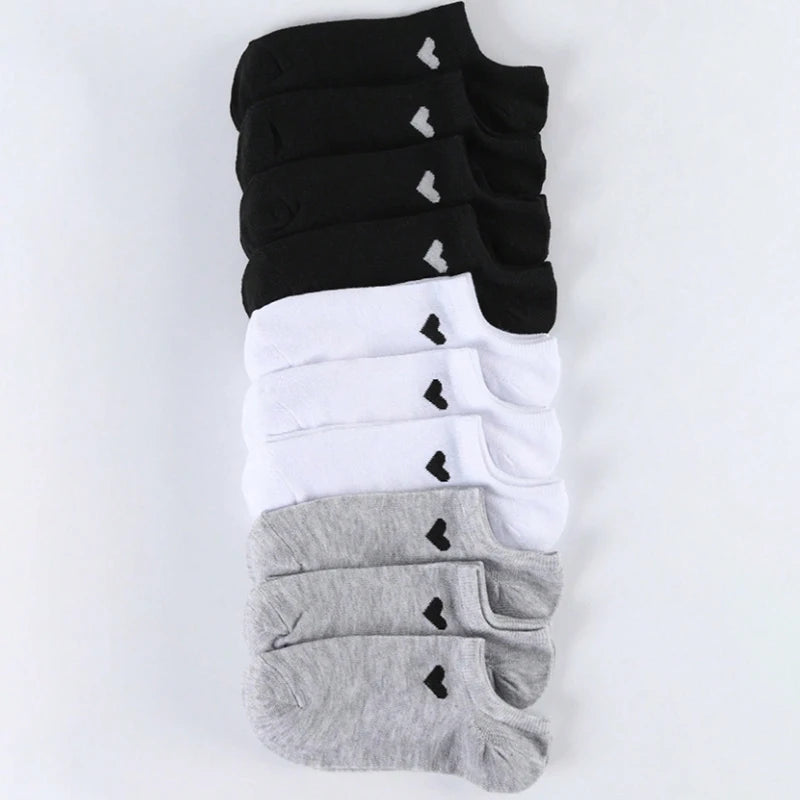 6/12 Pairs Solid Color Heart-Shaped Printed Women Short Socks Summer Breathable Soft Comfortable Simple Style Casual Socks