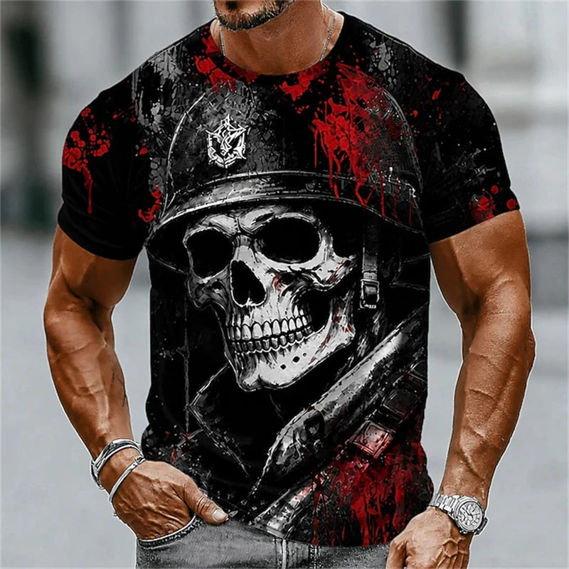 New Men's Halloween Crew-Neck Short-Sleeve T-Shirt Soldier Skull Blood Splatter Print Casual Streetwear Holiday Party Top