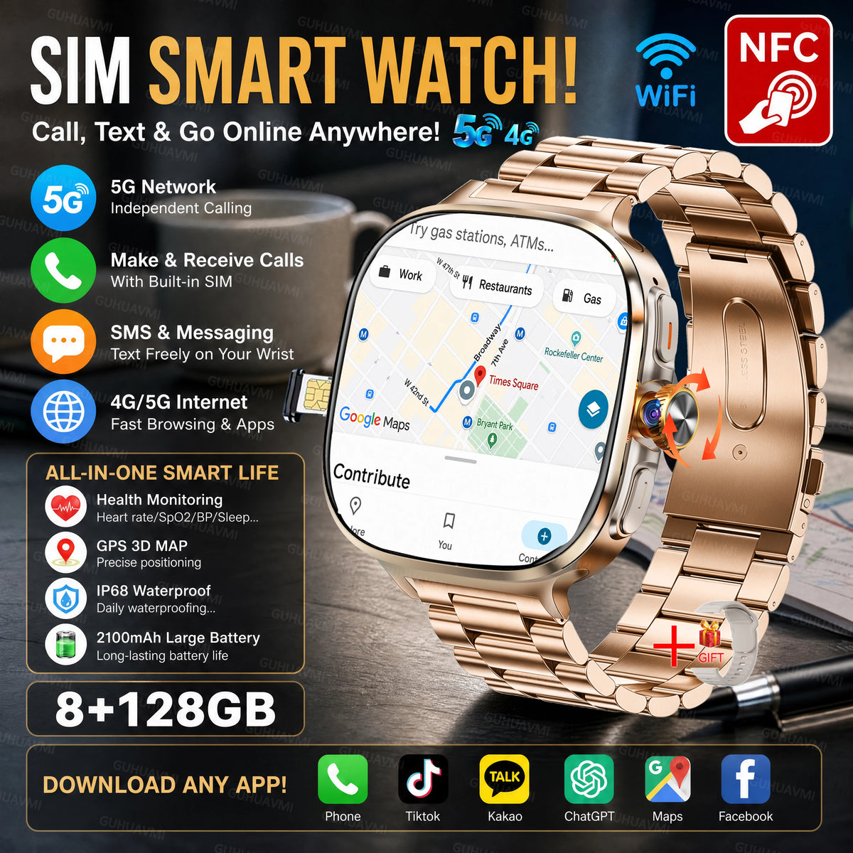 2026 New 5G/4G Smart Watch 8+128GB SIM WiFi GPS Google Maps HD Camera Video Call AI Assistant Google Play Smart Watch Men Lady