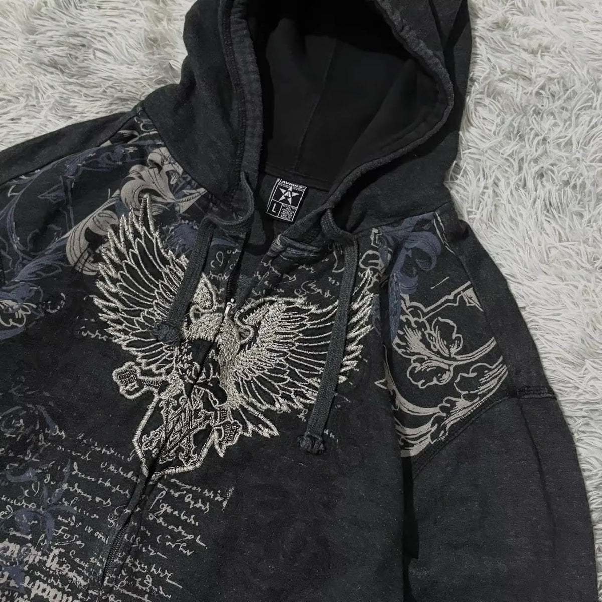 Y2K Gothic Eagle Print Zip Up Hoodie Men Women Vintage Washed Black Hooded Sweatshirt Grunge Streetwear Oversized Hoodie Jacket