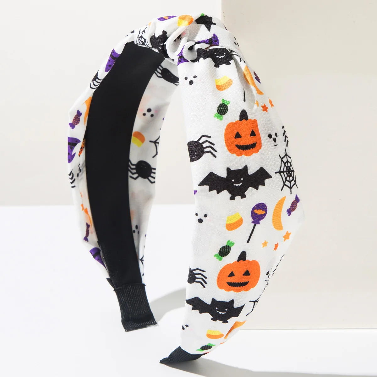 Women Halloween Cosplay Knotted Padded Headband Pumpkin Spider Bat Print Wide Hair Hoop Trick or Treat Hair Accessories
