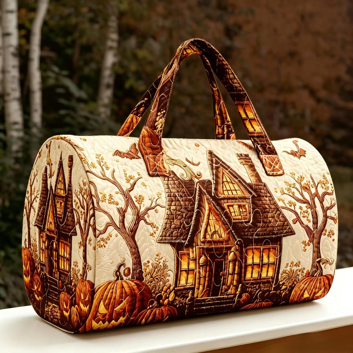 Halloween Quilted Luggage Bag Ghost Castle Weekend Bag Large Capacity Autumn Travel Gym Women's Overnight Short Trip Tote Bag