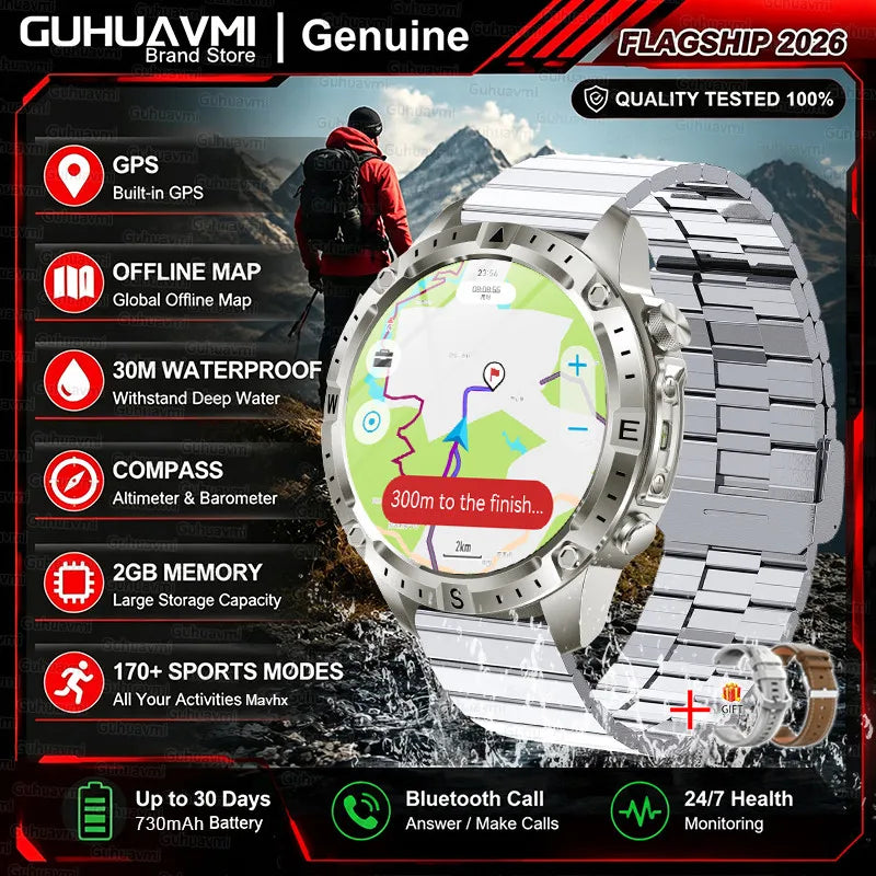 2026New Military Built-in GPS Offline Map Smart Watch AMOLED HD BT Call Compass Flashlight 3ATM Waterproof Men Sports Smartwatch