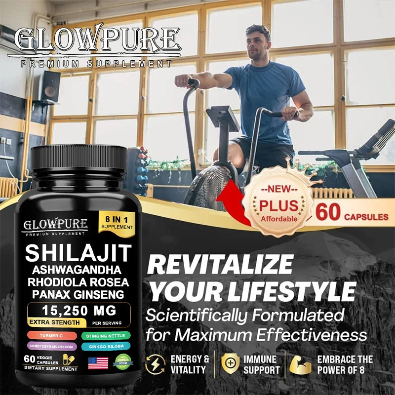 Shilajit 8-in-1 Supplement with Ginseng & Ashwagandha Supports Brain Memory Energy Immunity Focus Vitality 30/60 Capsules