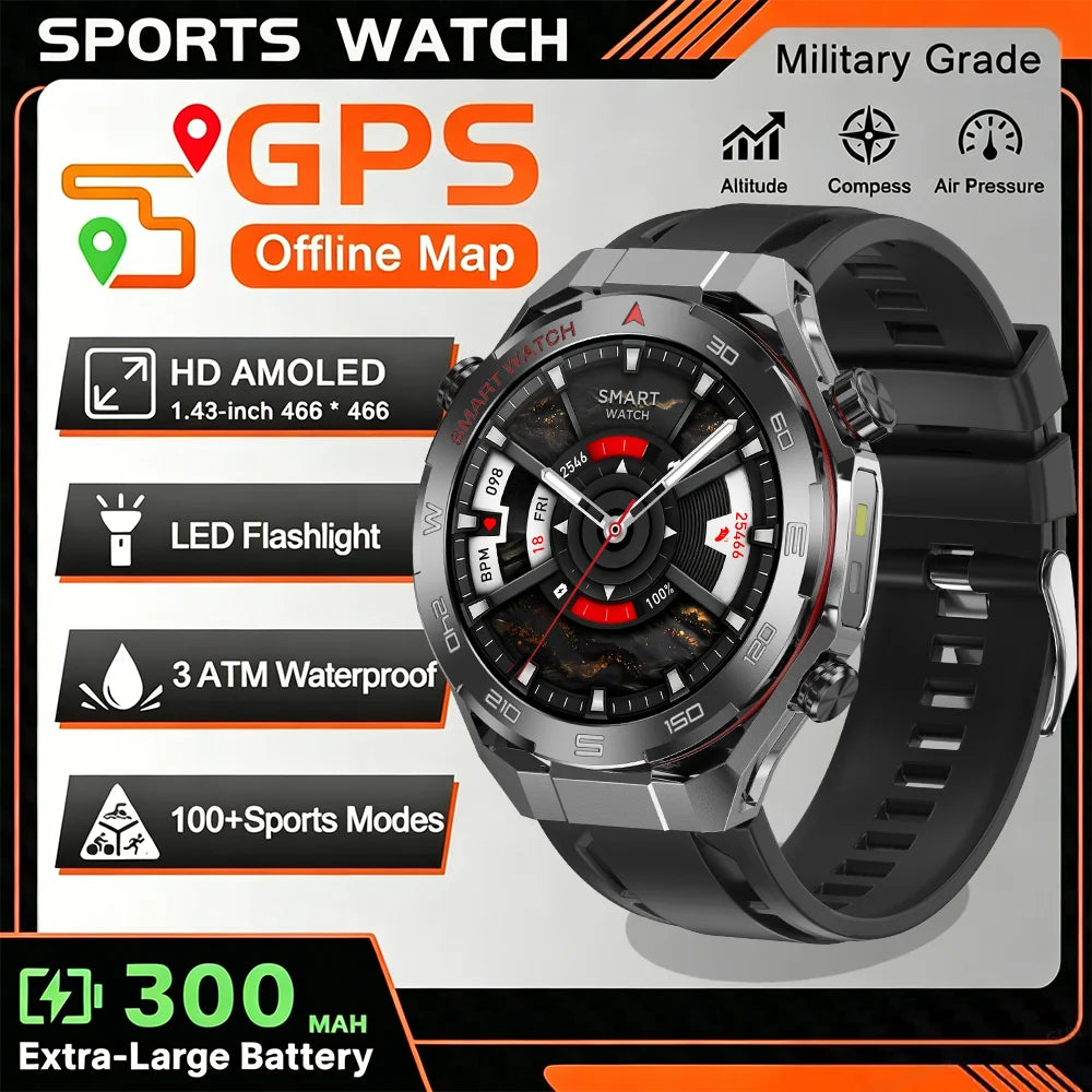 2026 New GPS Sports Smartwatch 300mAh Large Battery LED Flashlight Compass Barometer Military Grade Men's Smartwatch Gift