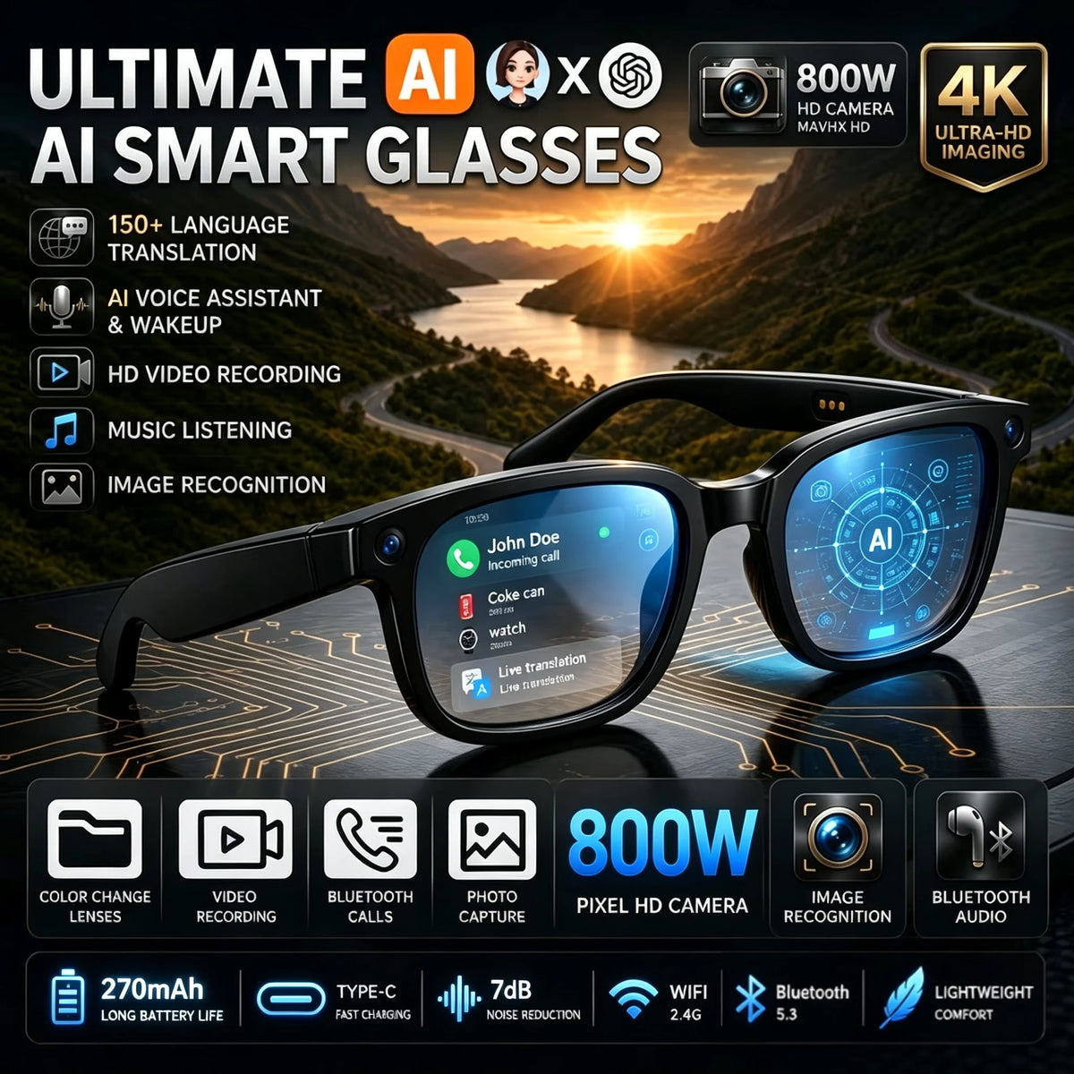 2026 New Upgrade Smart Glasees with Camera Video Recording AI Photo Recognition Bluetooth Call Translation Voice Sunglasses Man