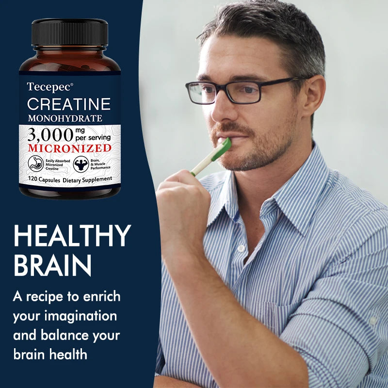 Creatine Monohydrate 3000 mg Capsules, Supports Pre-Workout and Healthy Muscles, Focus & Memory, Easy to Absorb, Easy to Swallow