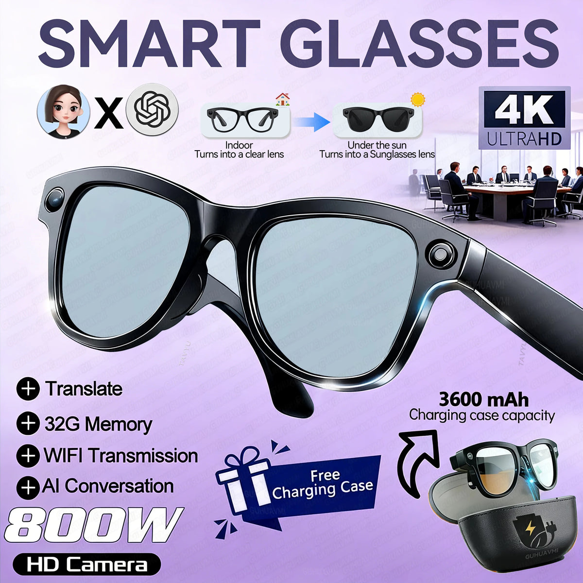 2026 New 800W Camera 3600mAh Portable Charger Smart Glasses 100+language Translation Bluetooth Call Music Player AI Chat Glasses