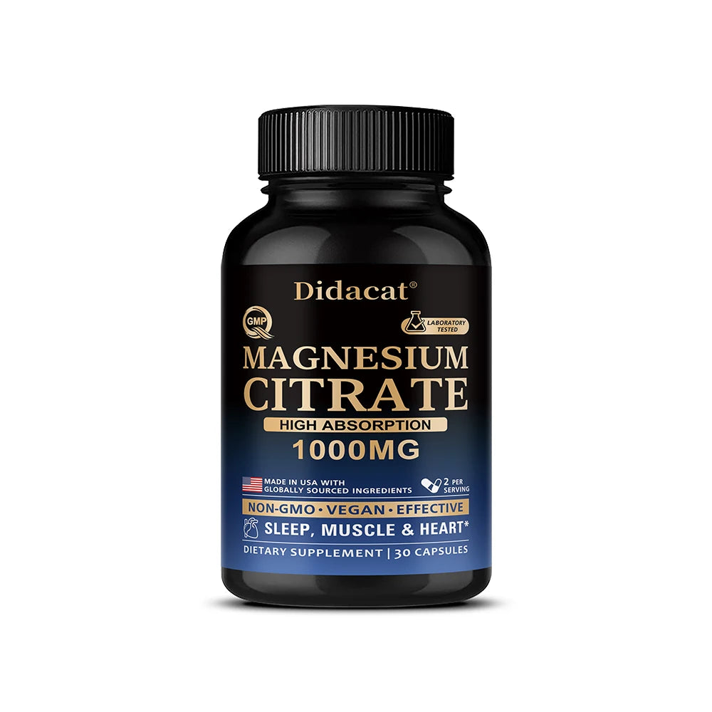 Magnesium Citrate Capsules 1000mg,High Absorption Supplement - Sleep, Muscle & Heart Support,Non-GMO Vegan