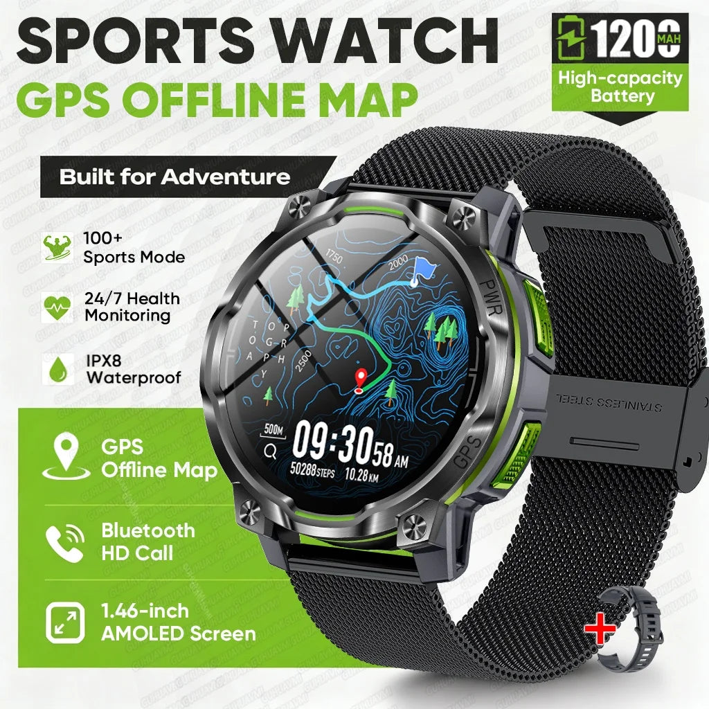 2026 New GPS Offline Map Smart Watch Men 1200mAh Battery IPX8 Waterproof Compass Altimeter Flashlight Bluetooth Call Smartwatch