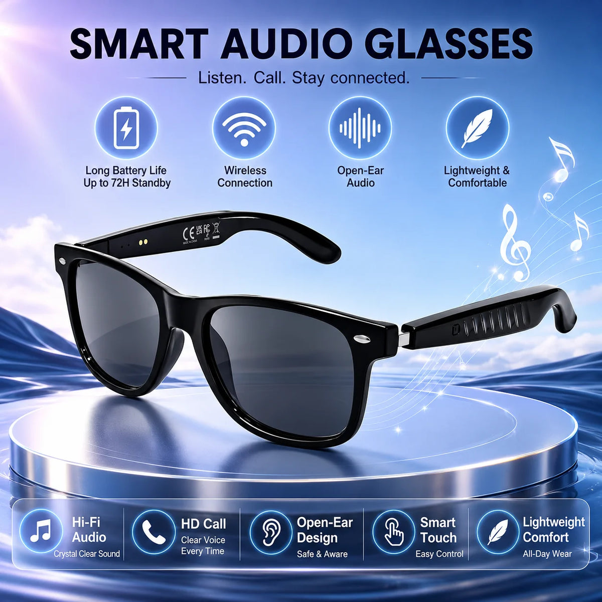 New Smart Translation Glasses with Dual-Touch Audio Playback and Hands-Free Calling