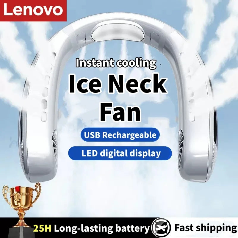 Lenovo USB Rechargeable Bladeless Neck Fan Digital Display Turbo High Speed Portable Hiking Outdoor Wearable Hands-Free