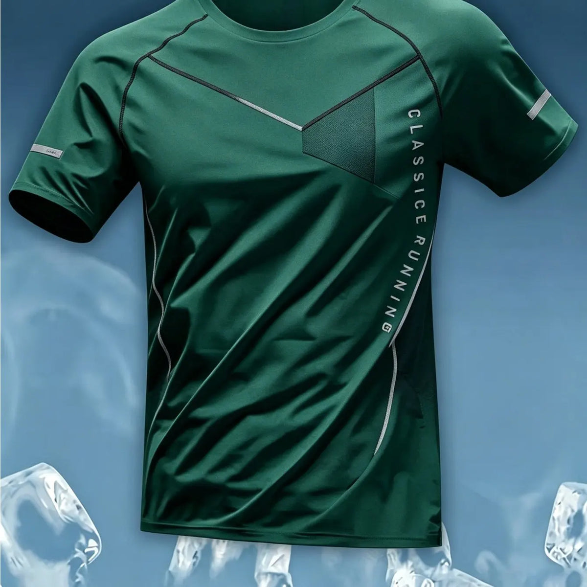 Men Sports Tee High Elastic Quick Dry Breathable Light Blue Geometric Letter Print Running Fitness Training Top