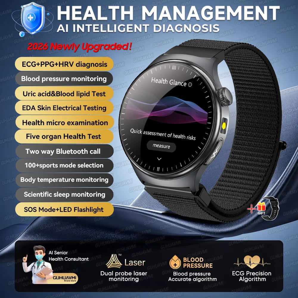 2026 New AI-Diagnosis Care Smartwatch ECG+PPG Accurate Uric Acid Blood Pressure Body Fat Five Organ Fitness Waterproof Smartwatc