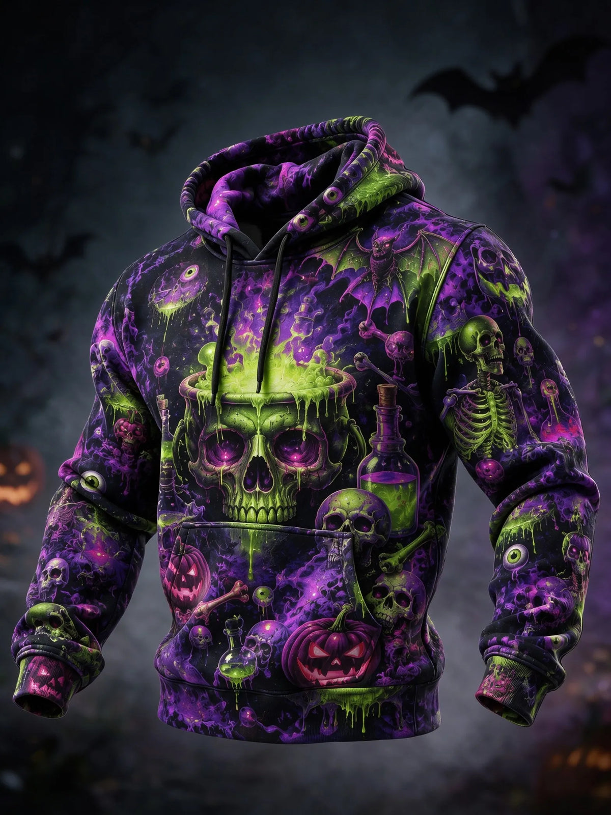 Unisex 3D Print Halloween Hoodie Witch Black Cat Pumpkin Candy Skull Bowl Pullover Long Sleeve Kangaroo Pocket Sweatshirt