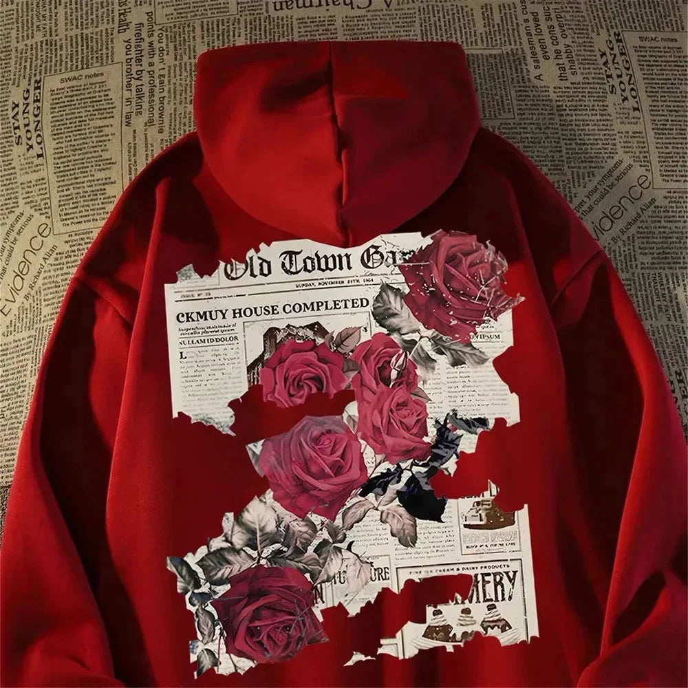 Men's graphic bright rose print cotton hooded sweatshirt American style personalized streetwear casual hooded sweatshirt