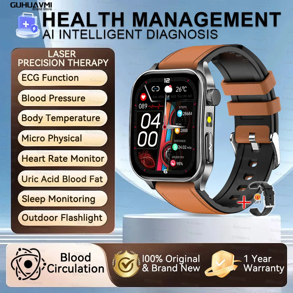 2026 New Health Smart Watch Laser Therapy Reduce Three Highs Blood Oxygen Pressure Uric Acid Blood Lipid ECG Smartwatch For Man