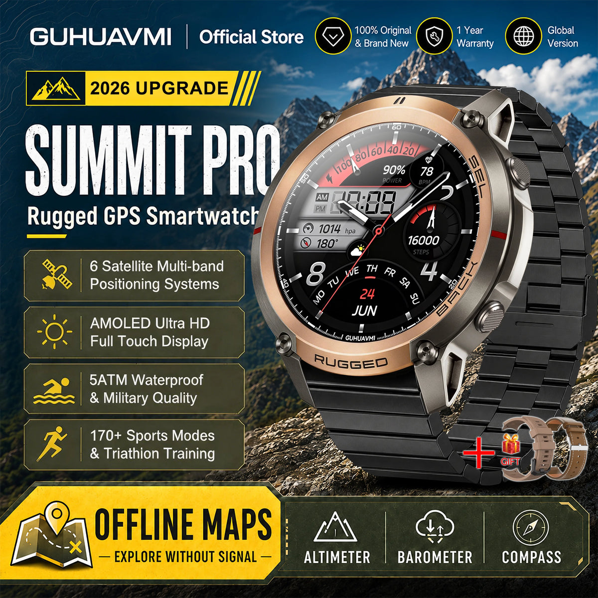2026 New Google Maps Smart Watch GPS Route Tracking Offline Map Compass Fitness Tracker BT Call Rugged Outdoor HD Smartwatch Men