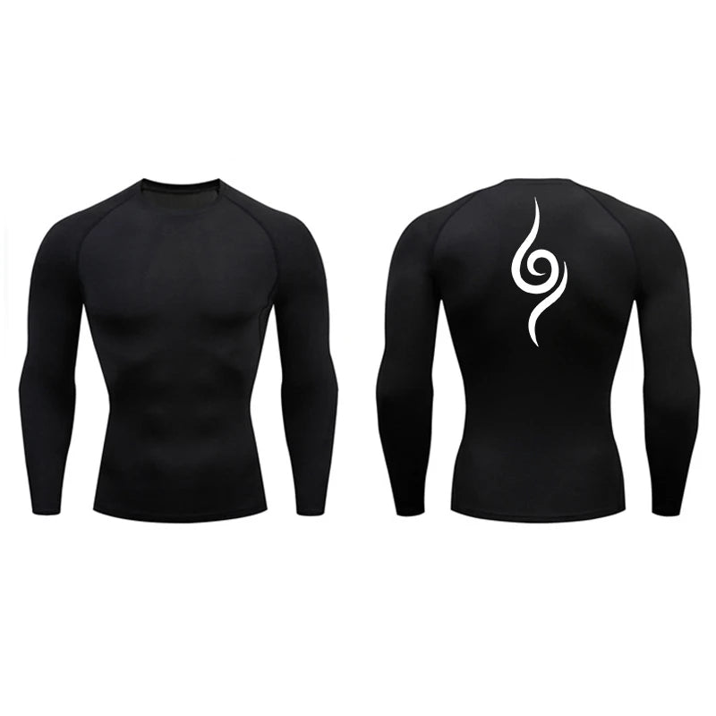 Spine Print Long Sleeve Compression Shirt for Men Athletic Quick Dry T-shirts Gym Workout Running Tees Tops Baselayer Undershirt