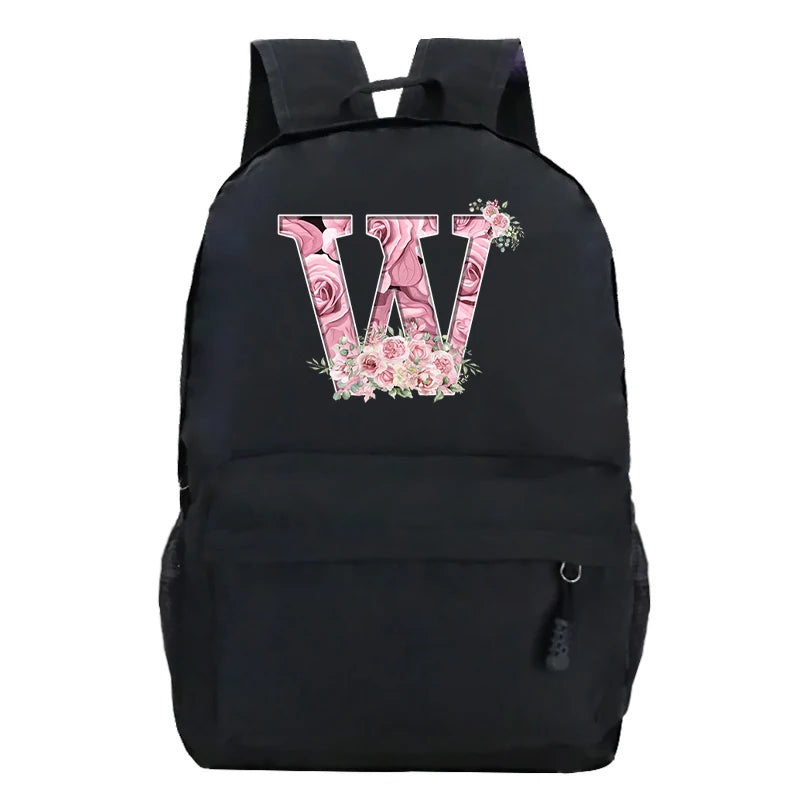 Pink Rose Alphabet Backpack Black Casual Women Aesthetics Rucksack Teenage Girl Boy Flower Letter School Bag Student Mochilas