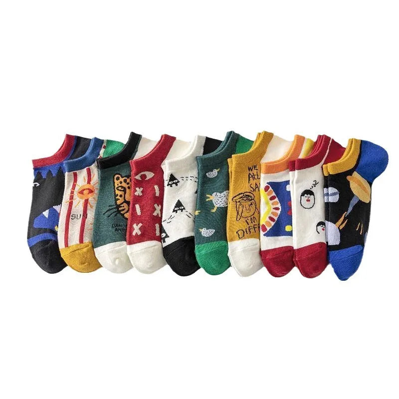 10 Pairs Men's Socks Set Cartoon Fashionable Versatile Casual Ankle Socks Thin Shallow Mouth Comfortable Breathable Cotton Socks