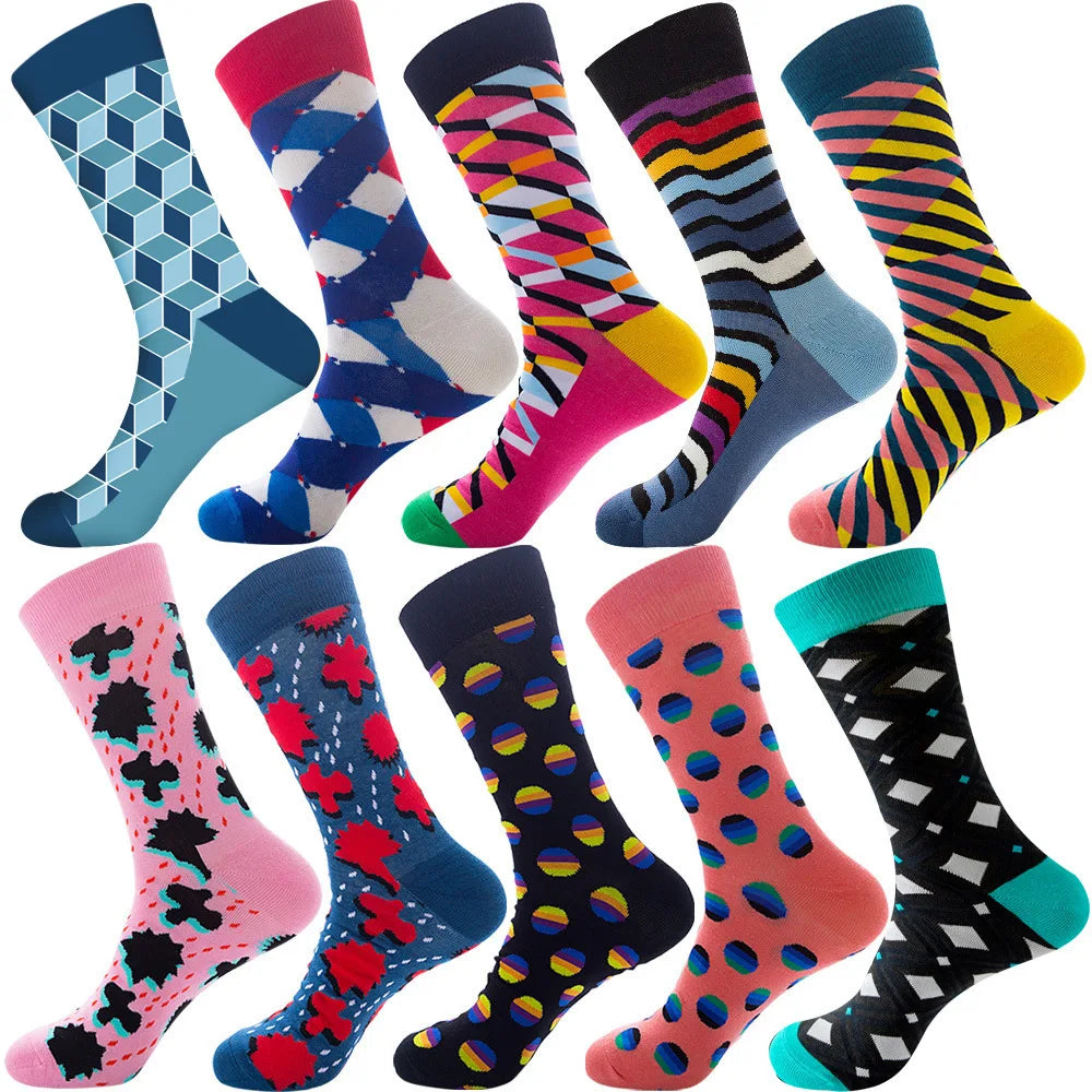 10 Pairs Lot Pack Men Women Couples Lover Socks New Arrival Rhombus Animal Christmas Cartoon Fruit Food Dot Cotton Happy Socks
