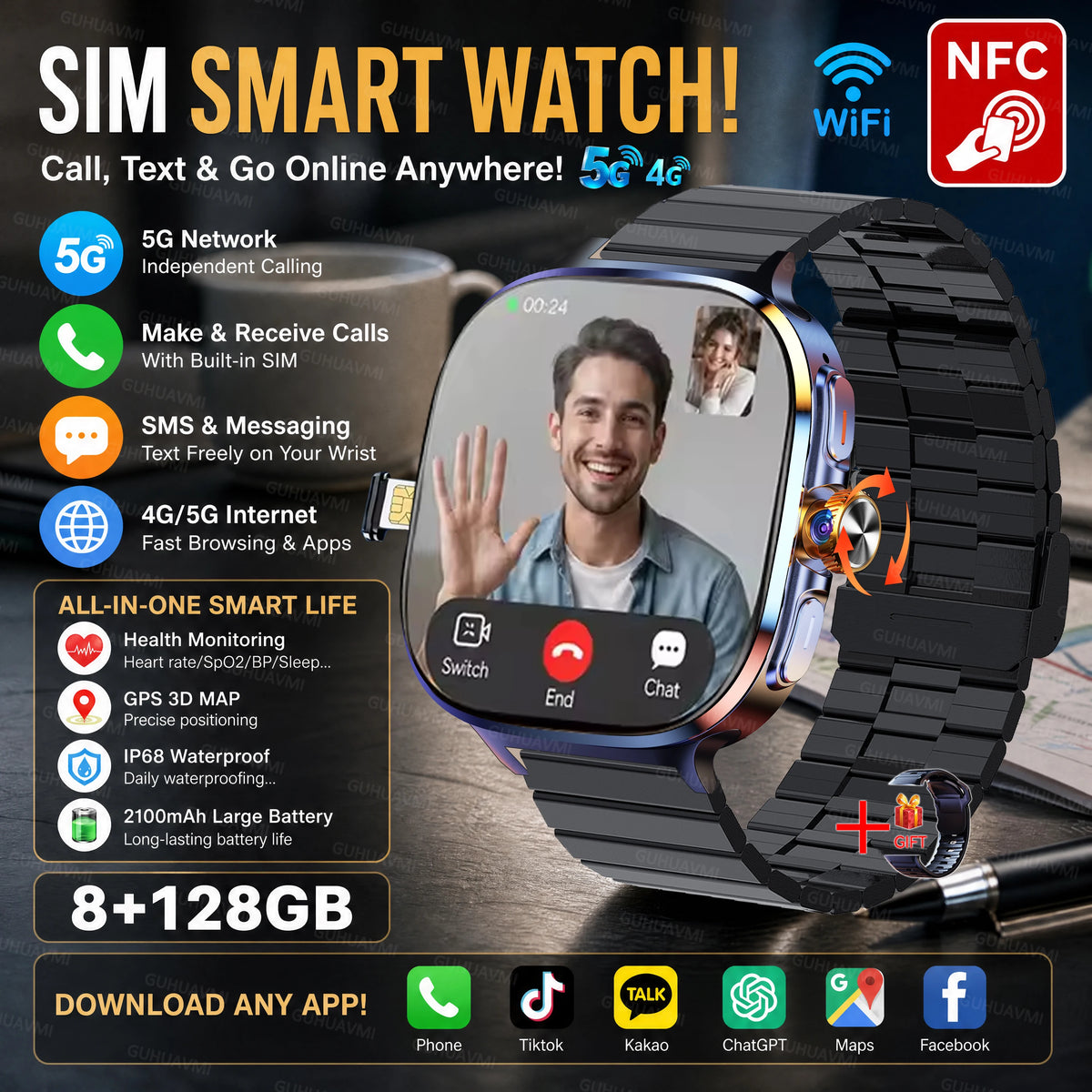 2026 New 5G/4G Smart Watch 8+128GB SIM WiFi GPS Google Maps HD Camera Video Call AI Assistant Google Play Smart Watch Men Lady
