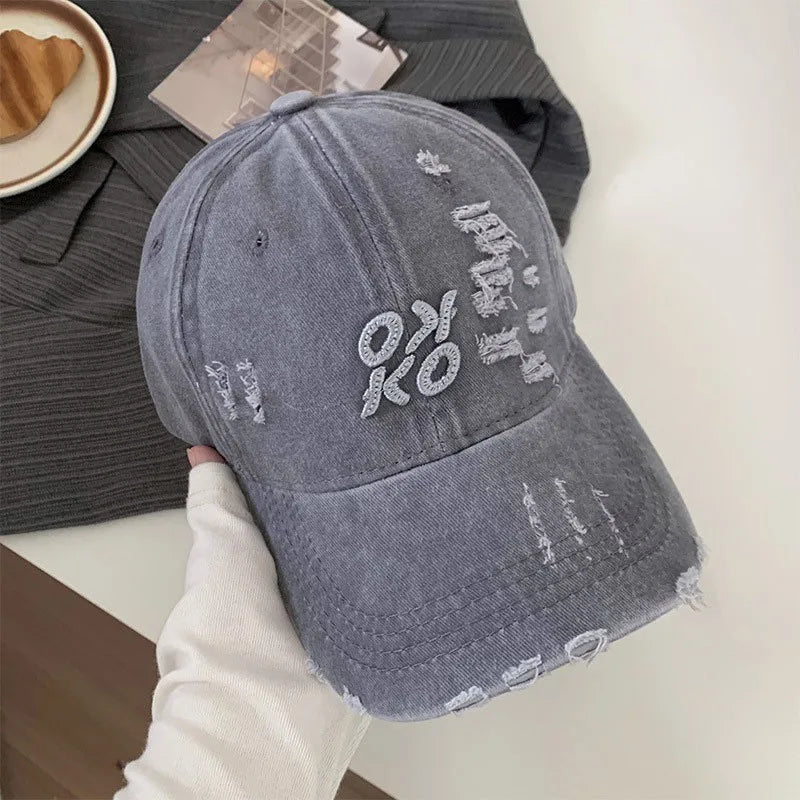 Hip Hop Unisex Baseball Cap Punk Holes Washed Cotton Snapback Peaked Hat Solid Color Street Visors Dad Trucker Letters Cap