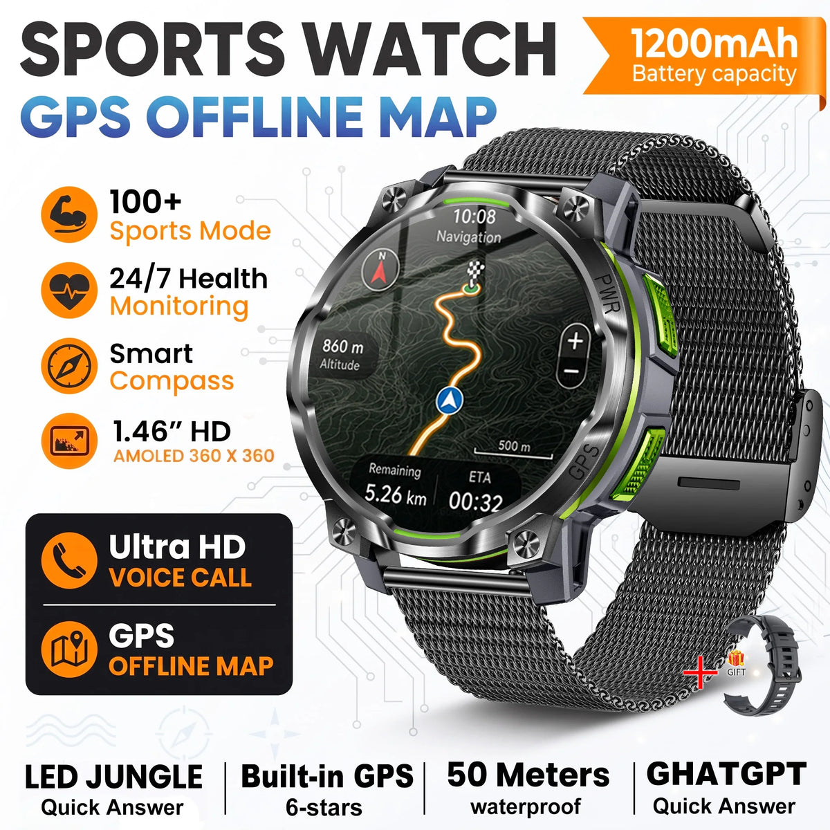 New Technology 2026 Offline Map GPS Smart Watch Men 1200mAh Battery Waterproof Compass Altimeter 100+Sports Military Smart Watch