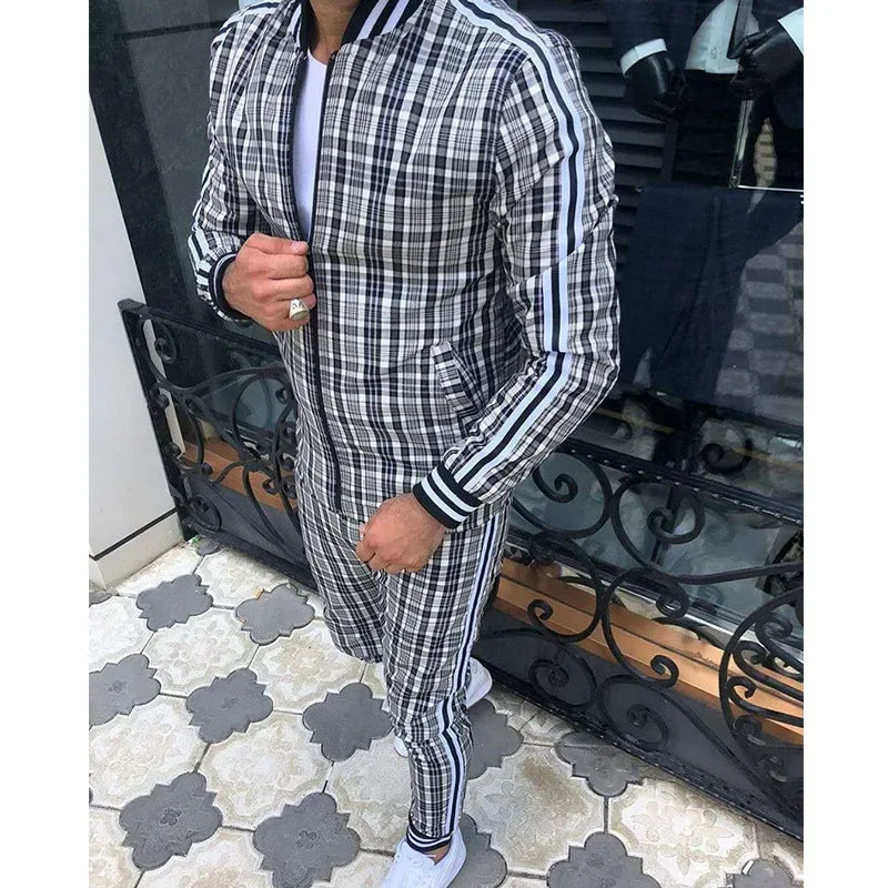 2-piece Autumn Winter New Men's Sports Set Clothes for Man Tracksuit Sport Checkered Zipper Sports Shirt Running Jogging Clothes