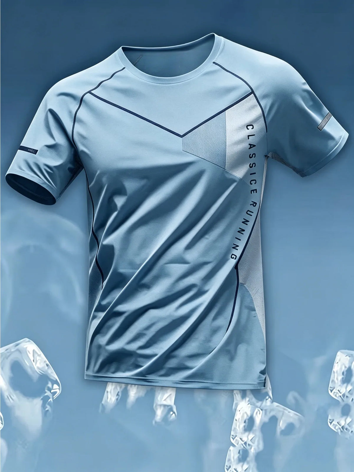 Men Sports Tee High Elastic Quick Dry Breathable Light Blue Geometric Letter Print Running Fitness Training Top