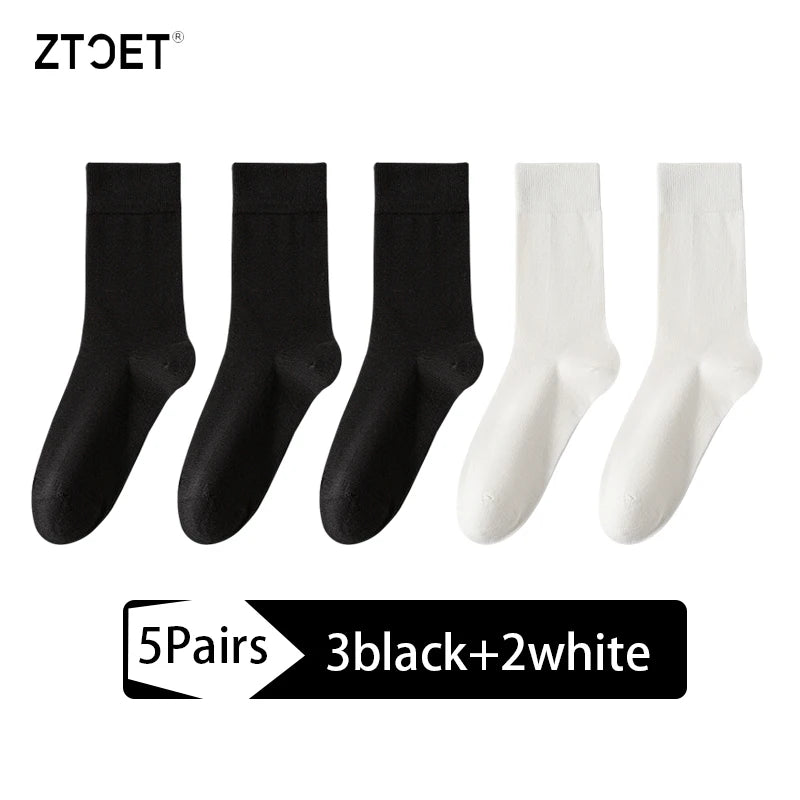 5Pairs High Quality Men's Combed Cotton Socks Boneless suture New Casual Breathable Black White Business Male Long Sock EU39-45