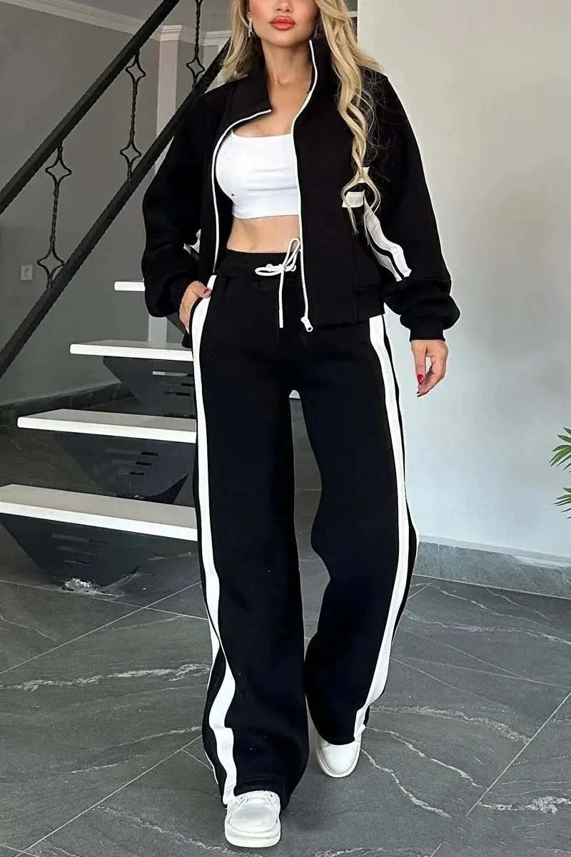 Women's Matching Two-Piece Sport Set Stand Collar Full Zip Cropped Top with Side Double Stripe Wide Leg Drawstring Waist Jogger