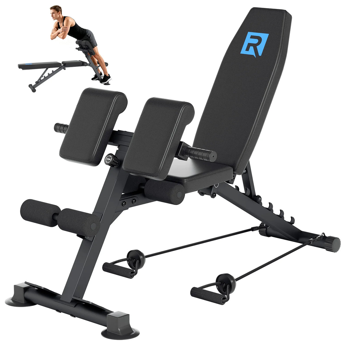 All-in-One Home Gym Roman Fitness Bench, Commercial Grade Stable Triangle Support 2 Pull Resistance Bands Non-Slip Suction Feet Adjustable Positions for Core Back Glute Hamstring Training