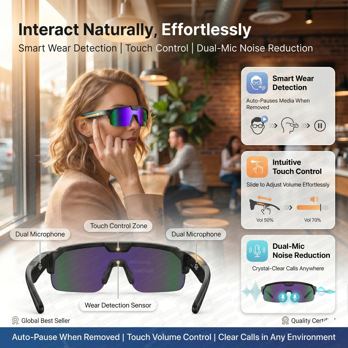 Smart Glasses with 4K HD Anti-Shake Camera & 3D Stereo Speakers Polarized UV400 Sport Sunglasses Bluetooth AI Outdoors Video POV
